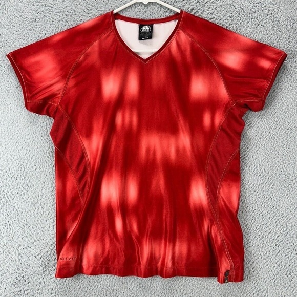 VTG Nike ACG Dri-Fit T-Shirt Women Large 12-14 Red Tie-Dye‎ V-Neck Athletic Tee - Picture 1 of 10